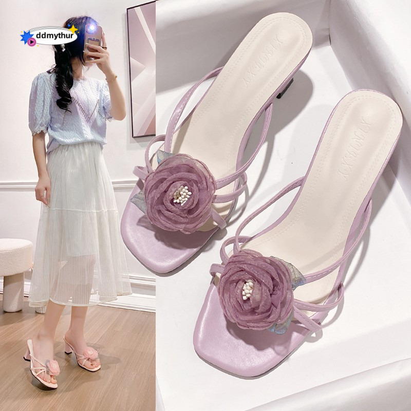 Chinese high heels for women in the summer of 2024, new slim heeled rose outerwear, elegant French style one line sandals ddmythur