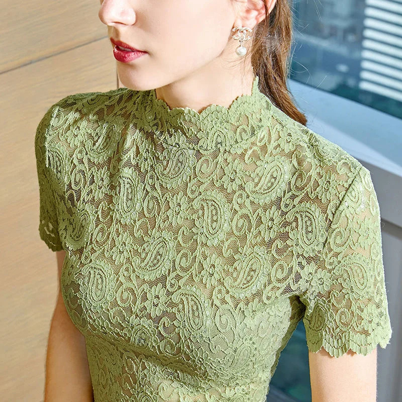Lace Short Sleeve Top Women Summer Foreign Style Small Stand Collar Hollow Thin Mesh With Lace Half High Collar T Shirt 250320