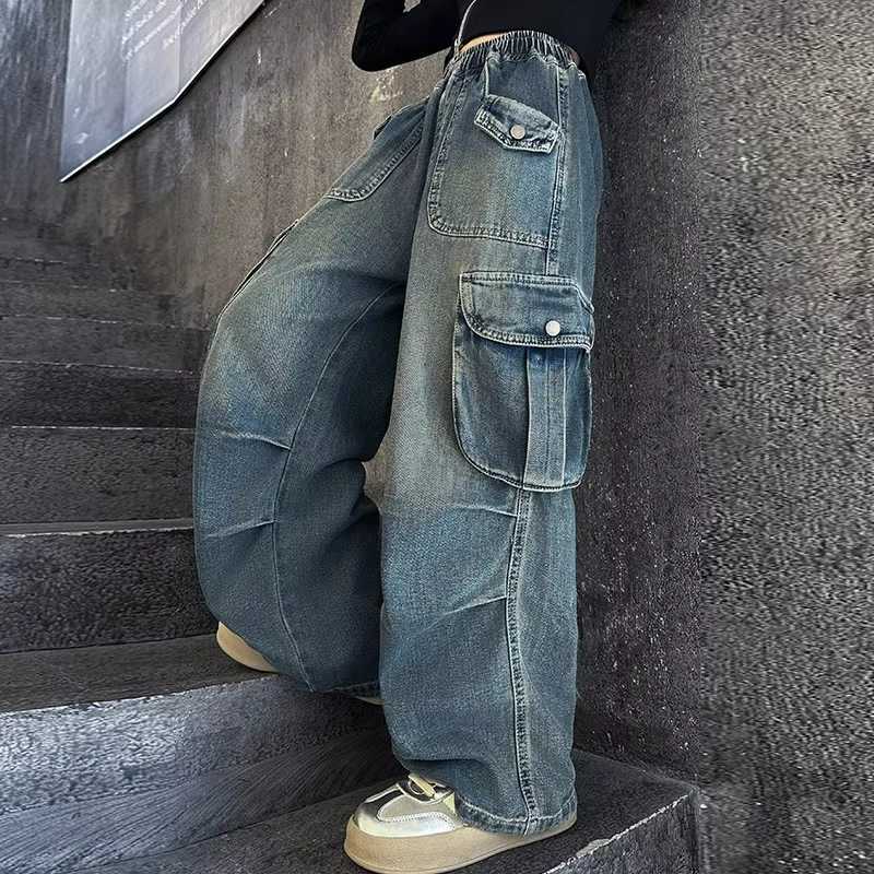 2025 Hot Sale Wide Leg Trousers Teenage Girls Jeans with Big Pocket Four Seasons High Waist Fashion Blue Cargo Denim PantsT250326