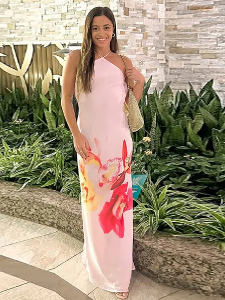 Sexy Women Printed Flower Pink Maxi Dress Fashion Halter Sleeveless Backless Long Robe Summer Female Beach Vacation Vestido 250319