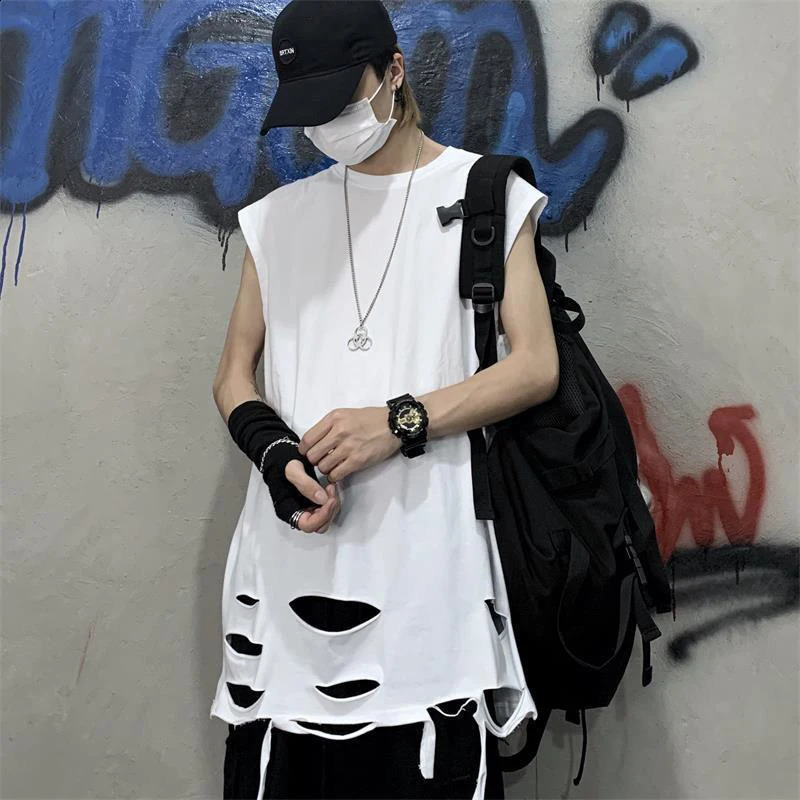 Sleeveless ripped hole mens vest top Korean fashion trend 2xl 3xl super sized full matching inner T-shirt hip-hop punk streetwear 250318