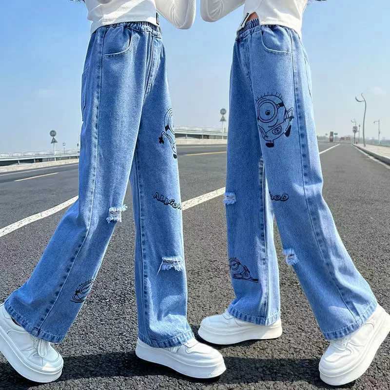Spring Autumn New Children Girls Pants Denim Palid Sticker Elastic Waist Baby Girls Trousers Straight Versatile Kid Girls PantsT250326