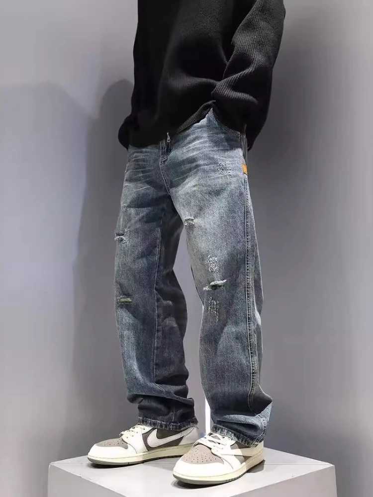 New mens open top jeans with pockets straight fashion retro blue denim pants personalized streetwear hip-hop high-quality mens trousersT250319