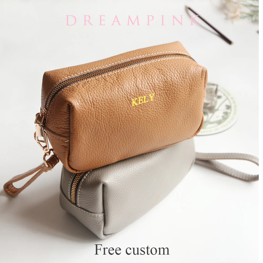 Genuine Leather Women Makeup Clutch Basg Personalize Letters Large Capacity Female Daily Pouch Bag Portable Zip Wash Bag 250314