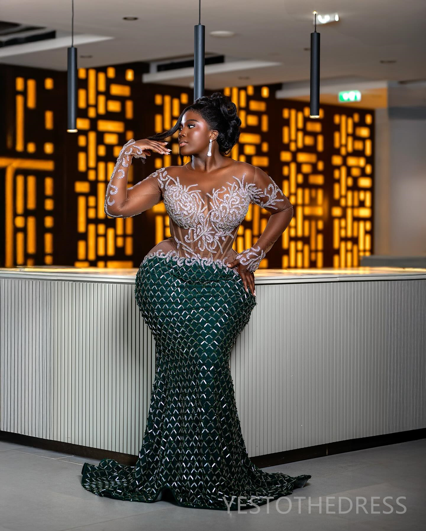 Plus Size Aso Ebi Prom Dresses 2025 Mermaid Prom Dress For Special Occasions Sheer Neck Long Sleeves Illusion Beaded Lace Birthday Second Reception Go