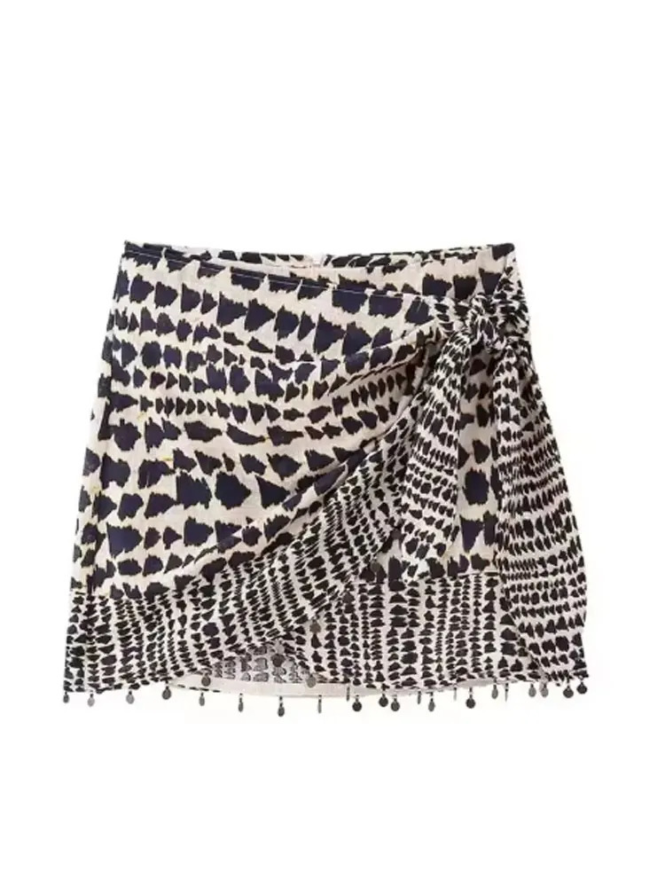 Mooyufon Women Fashion With Beaded Print Wrap Mini Skirt Vintage High Waist Back Zipper Female Skirts Mujer 250320