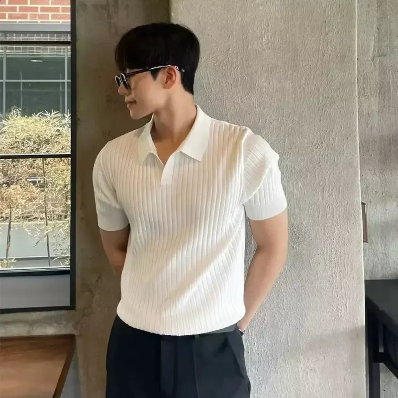 Summer Mens Ice Silk Lapel Polo Short Sleeve Thin Fashionable V-neck Striped Knit Base Layer Top Mens Shirt 250317