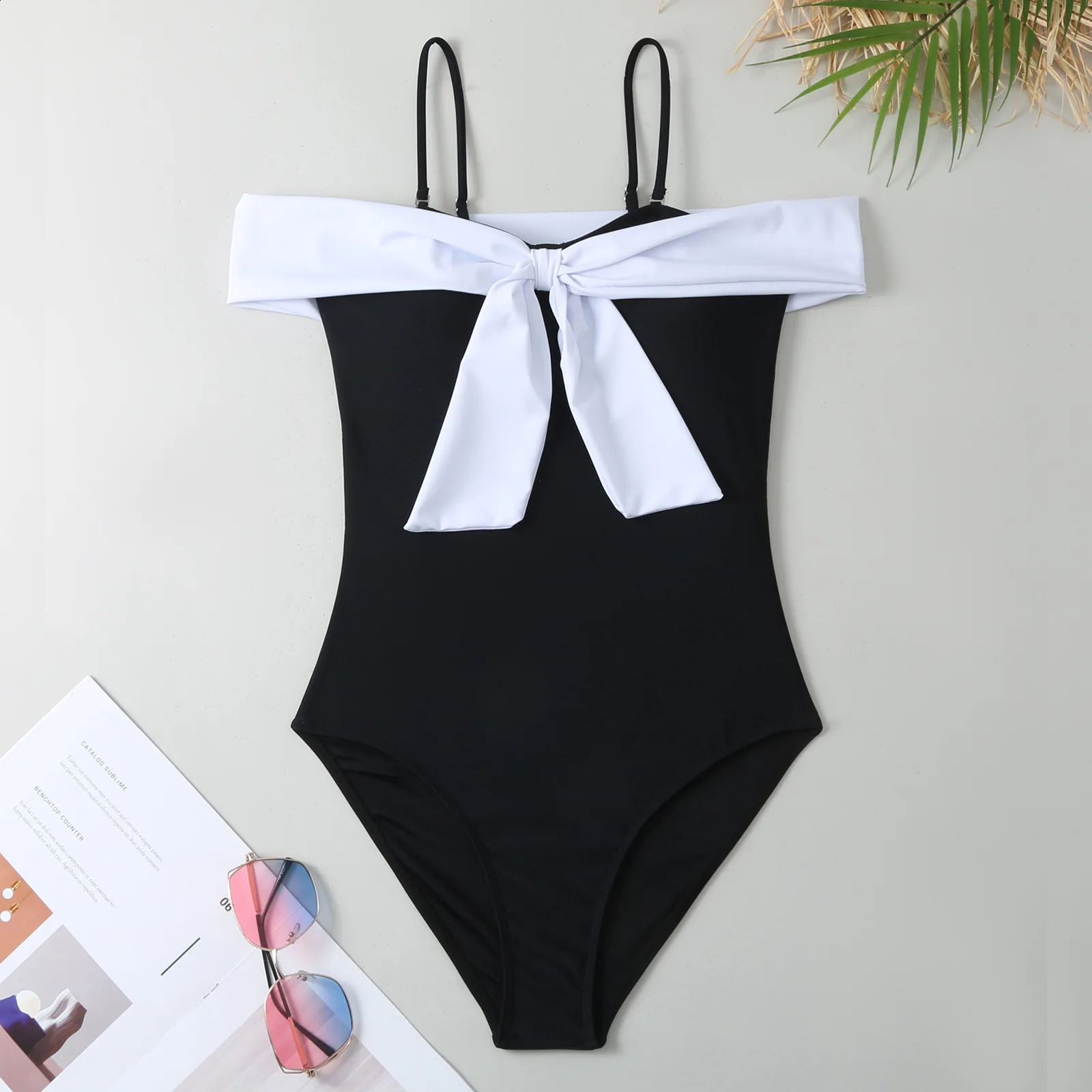 2023 Bowknot swimsuit womens onepiece solid black 250312