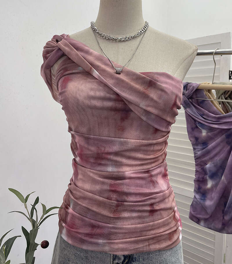Oversized T Shirt Designer Top T Shirt Top Clothes Woman Clothes Mesh Printed Diagonal Shoulder Tank with Slim Fit and Pleated Temperament Short Top 8