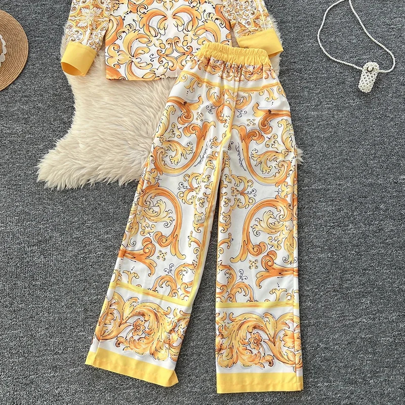 Womens Fashion Print Shirt Top High Waisted Wide Leg Pants Spring Autumn Vintage Long Sleeve 2 Piece Sets A236 250317