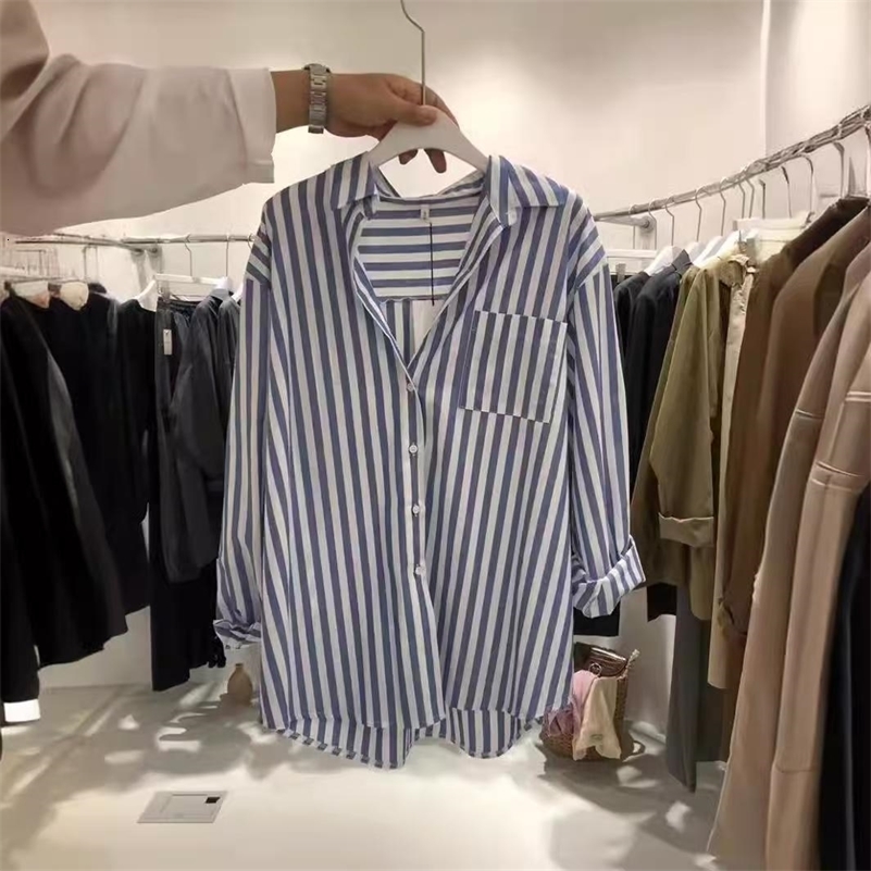 Spring Loose Casual No Koeean Size Small Fresh Vertical Blue Long Sleeve Womens Coat 250319Z