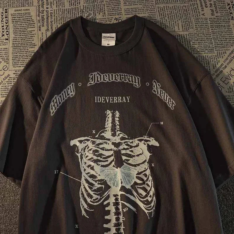 Grunge Aesthetic Women T Shirt Goth Skeleton Print Short Sleeve FemaleT-Shirts Dark Fashion Streetwear Graphic Tee Unisex Tops 250320