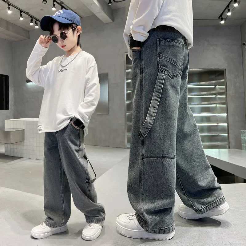 Teenage boys freight jeans Spring and Autumn new style childrens wide leg jeans with loose pockets TrouserT250326