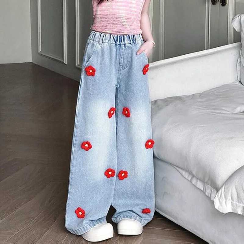 Big girl bagged floral jeans suitable for children teenagers fashion wide leg denim pants childrens loose jeans and Trousers with flowersT250326
