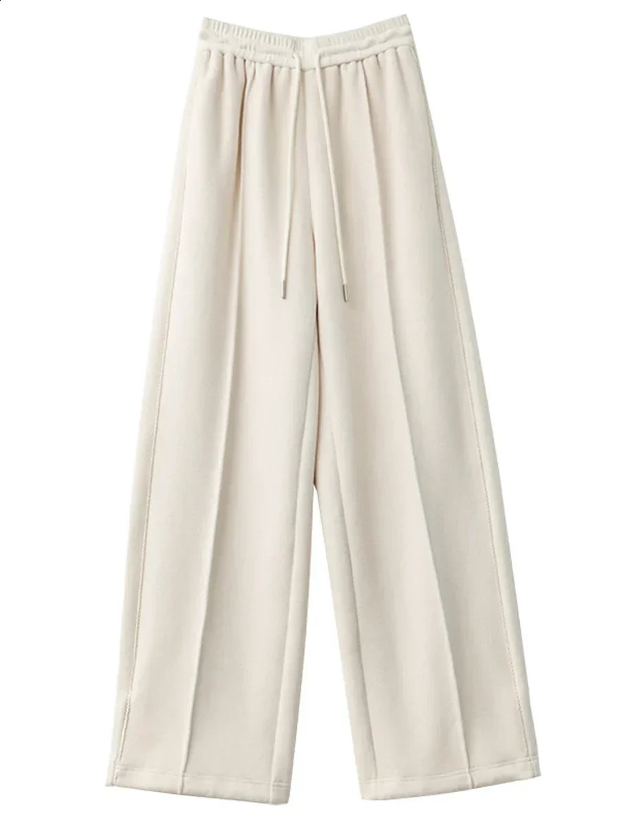 CHIC VEN Womens Casual Solid Elastic Waist Wide Leg s Trouser Lazy Straight Pants Womens Autumn Winter 250314