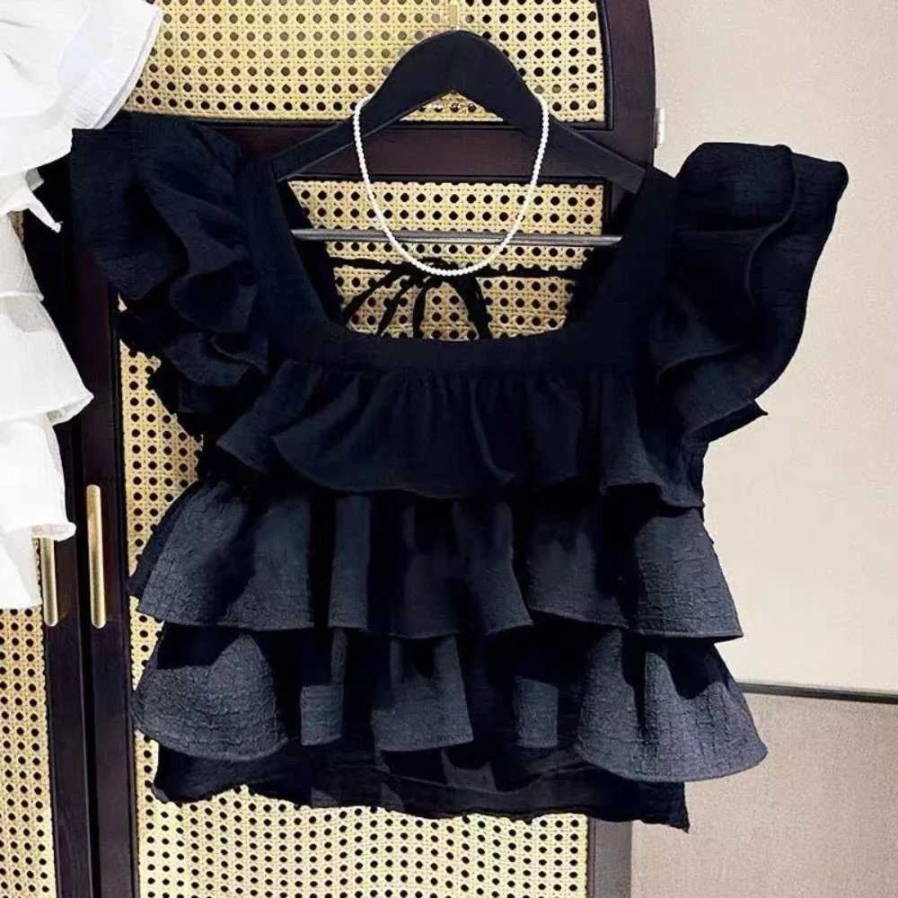 Blouses Girls Summer New Korean Solid Color Edge Flying Sleeve Square Collar Shirt Fashion Tank Top Trend 2024 Simple FashionT250320