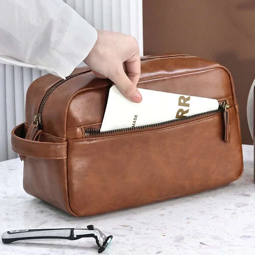 Men Business Travel Wash Toiletry Waterproof PU Leather Bathroom Shaving Tools Organizer Women Makeup Pouch Cosmetic Bag