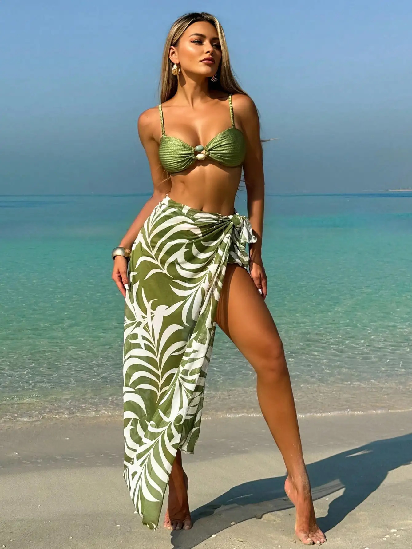 Womens Summer Beach bikini split swimsuit set paired with vintage vacation mesh half skirt three piece 250319