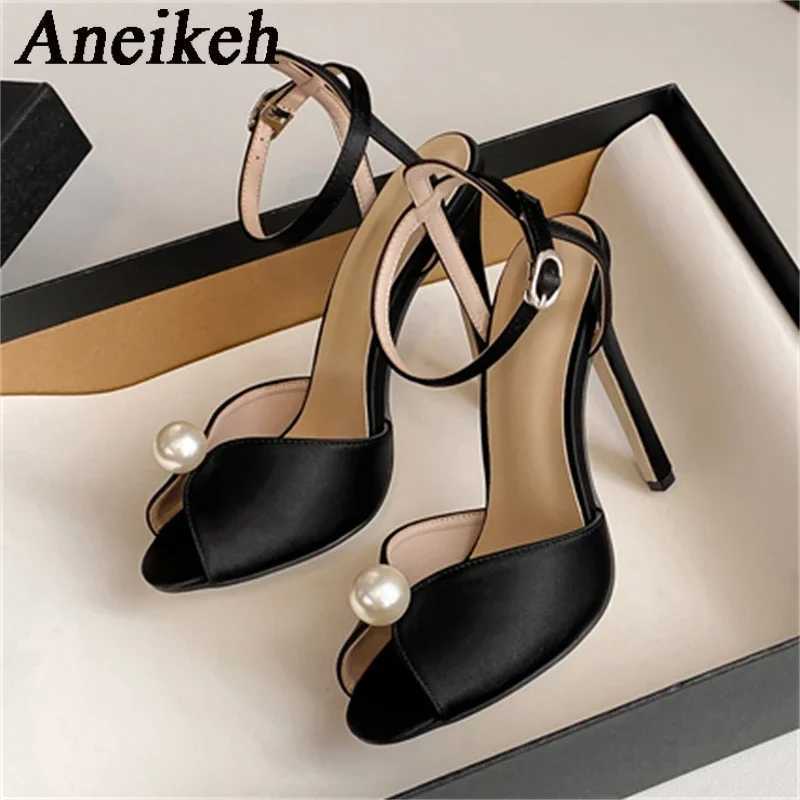 Aneikeh satin bead urine toe pump thin H gladiator Fi ankle strap sandals 2025 wedding bride shoe temperature Y250319