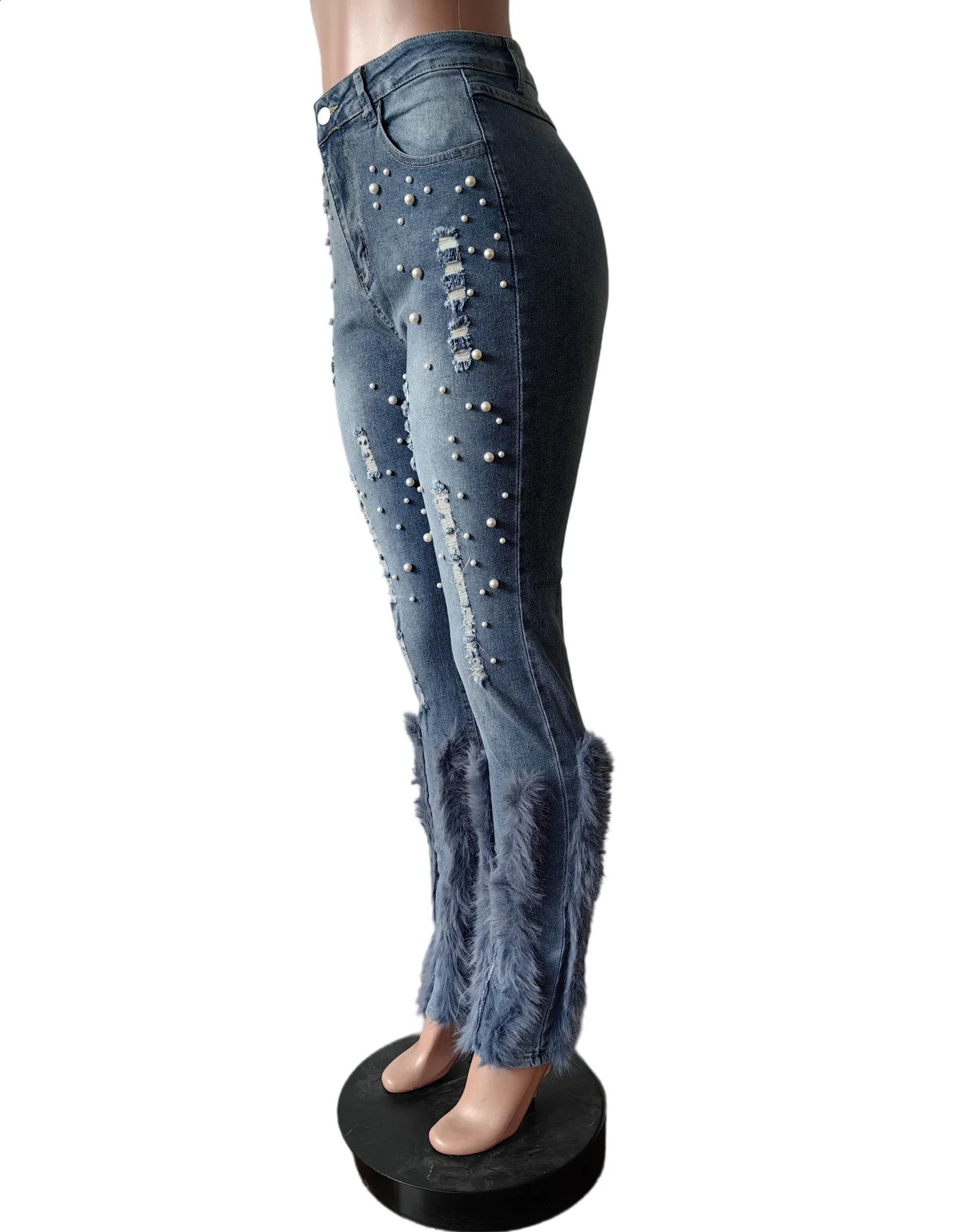 Hollow jeans pearl pants sexy womens high waisted elegant streetwear torn denim feather cargo transport vehicle 250314