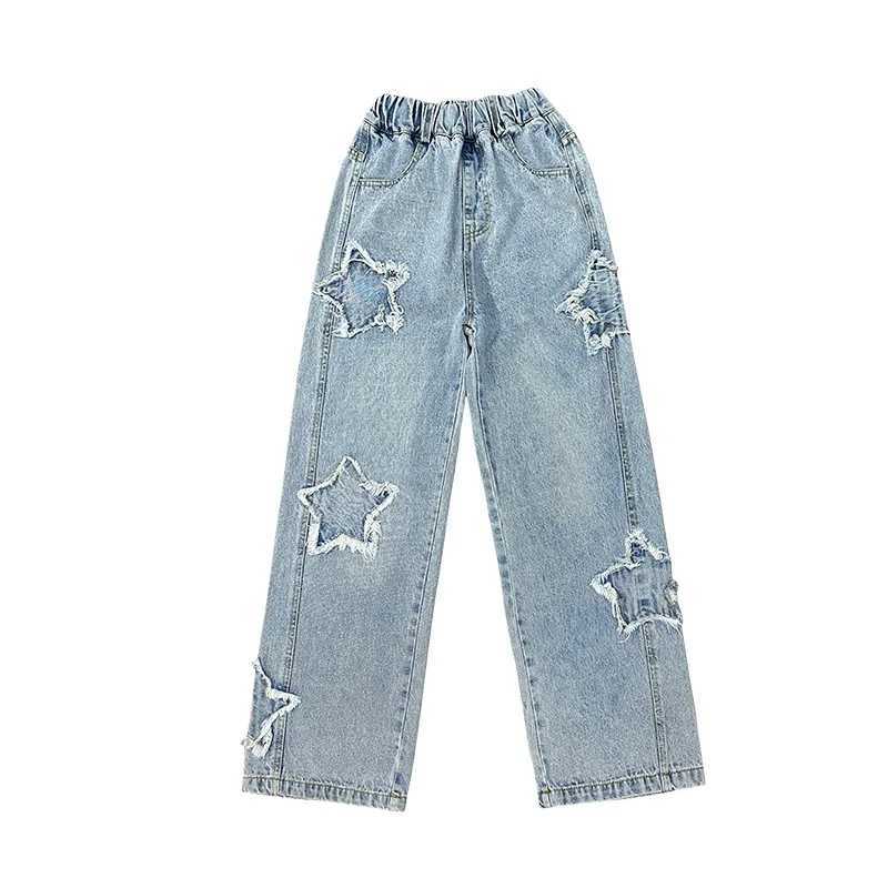 Spring and Autumn Teen Girls Cowboy Wide Leg Pants Children Trouser New Fashion Star Pattern Girls Jeans 5-14 Year Old Childrens ClothingT250326
