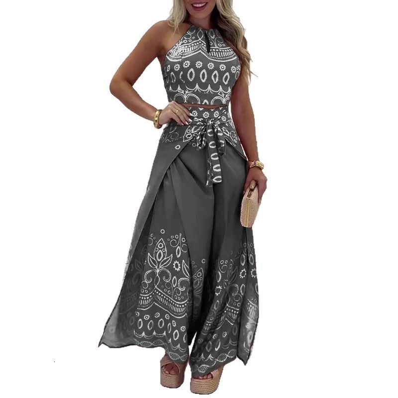 Womens Clothing Spring And Summer New Retro National Style Halter Top Wide Leg Pants Set