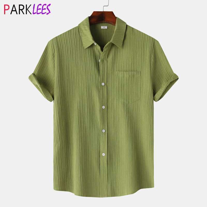 Green Mens Cotton Linen Shirts Summer Short Sleeve Button Down Beach Shirts Casual Breathable Holiday Party Hawaiian Shirt M250320