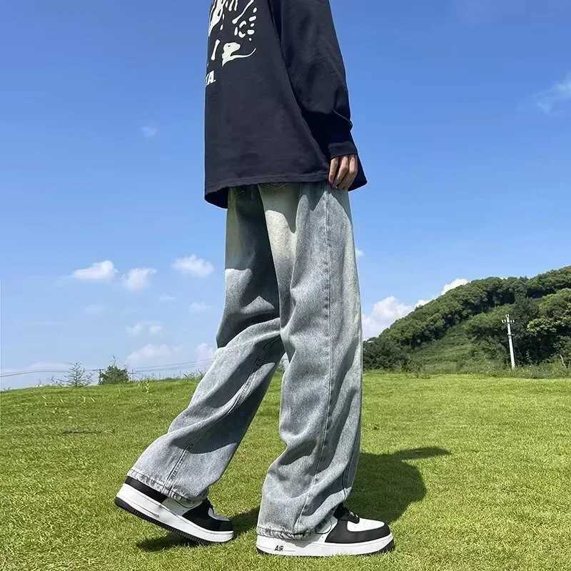 New Korean Fashion Wide-leg Baggy Jeans For Men Classic Drawstring Straight Denim Pants Y2K Vintage Jean Streetwear TrousersT250319