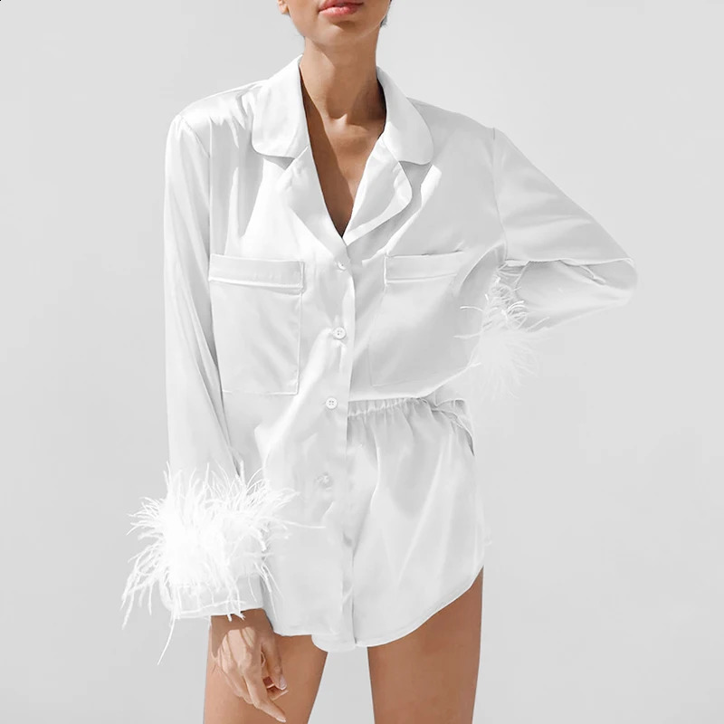 Women 2PCS Pajamas Patchwork Feather Cuffs Solid Color Long Sleeve Lapel Button Shirt with Short Pants Loose Loungewear Outfits 250319