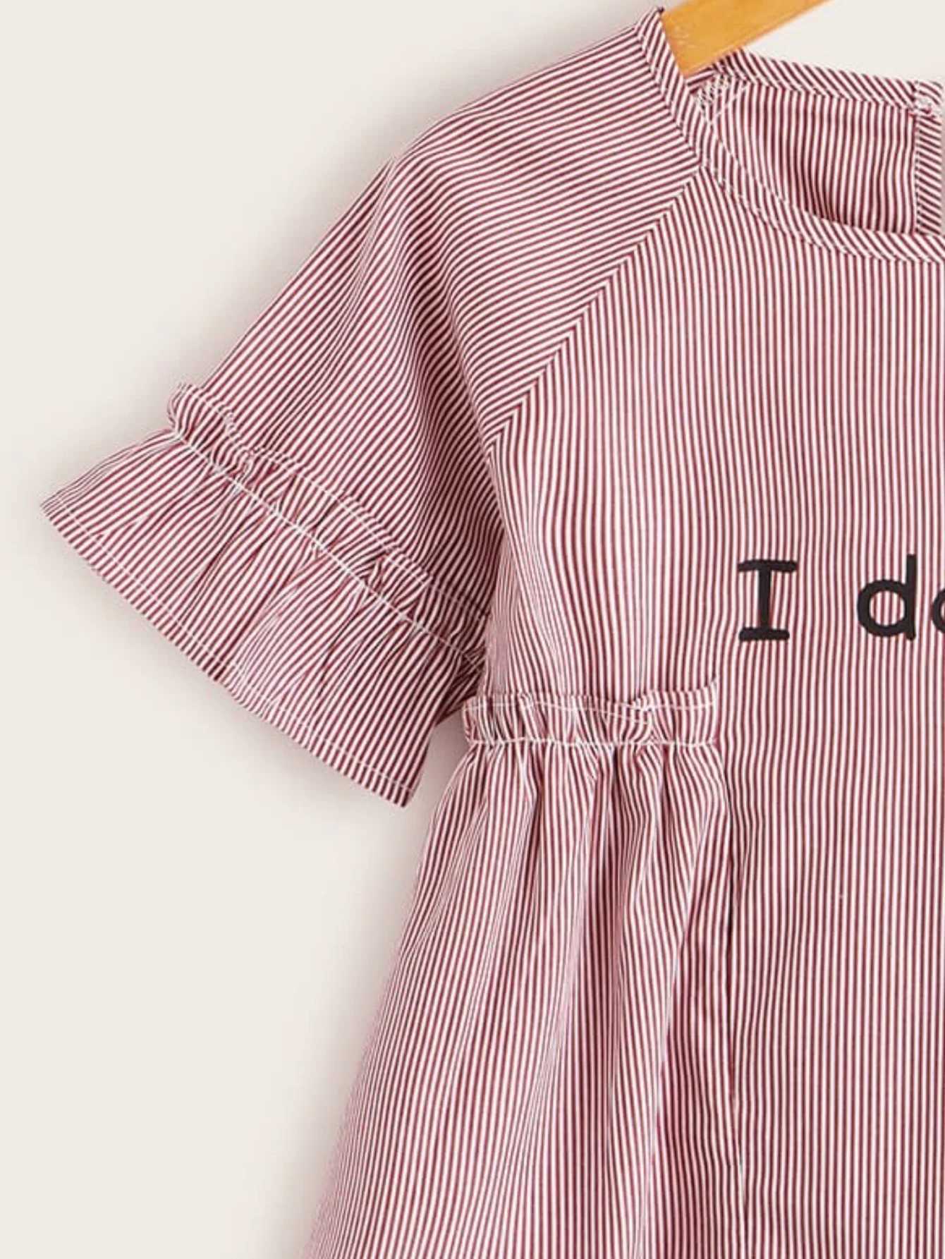 Summer childrens girls short sleeved red striped letter print with pleated sleeves ordinary breathable and comfortable shirtT250320
