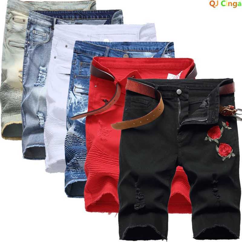 Summer red rose embroidered denim shorts mens fashionable casual shorts black blue white mens torn and worn denim shorts W250319