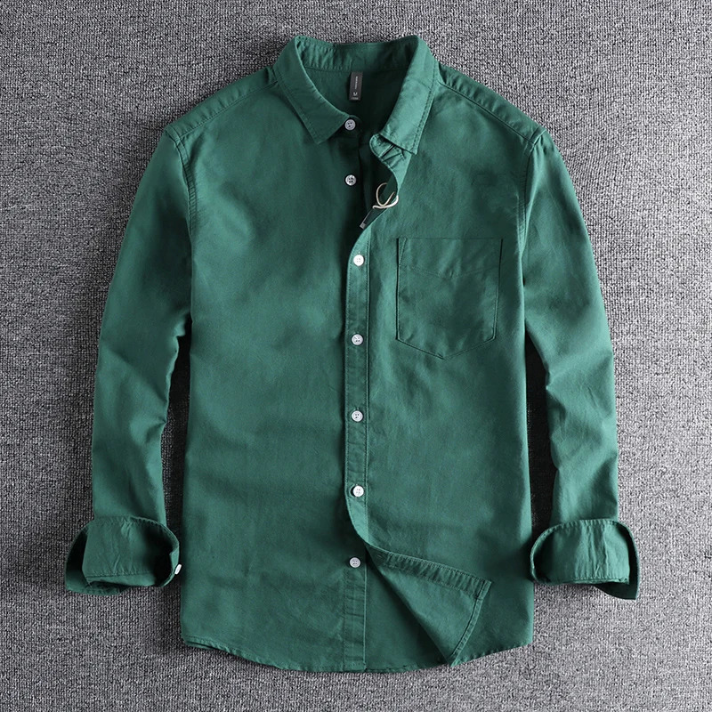 Washed Oxford Fabric Base Simple Pocket Long Sleeve Shirt Mens Casual Jacket 250317