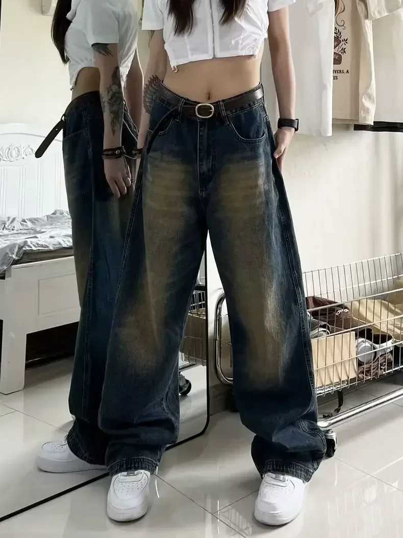 Womens jeans Distressed full-length wide leg denim pants spliced zipper fly vintage jeans pocket high street loose suit washingT250319
