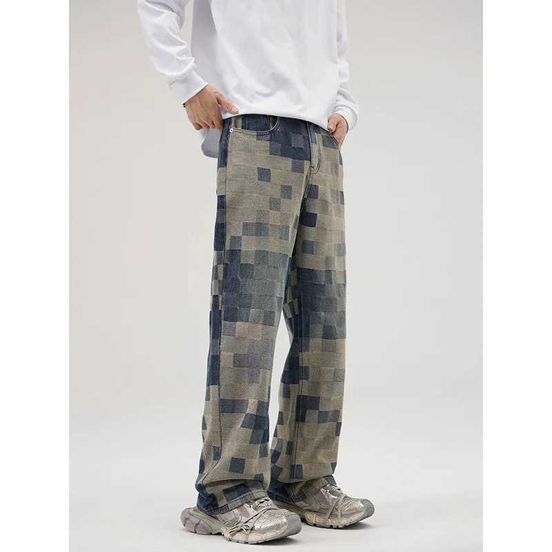 Mens jeans casual bag mosaic blue autumn and winter American style street fashion straight wide leg oversized TrouserT250319