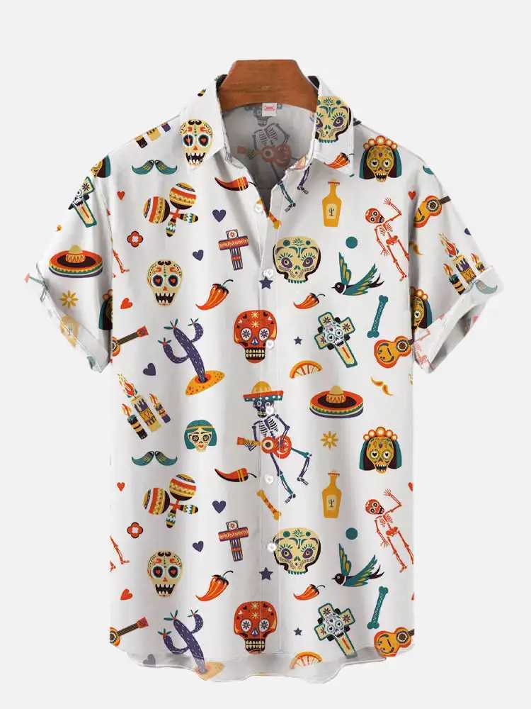 Fashion Mens Hawaiian Shirt Mexican Style Colorful Graffiti Art Poster Printing Short Sleeve Hawaiian Style Clothing M250320