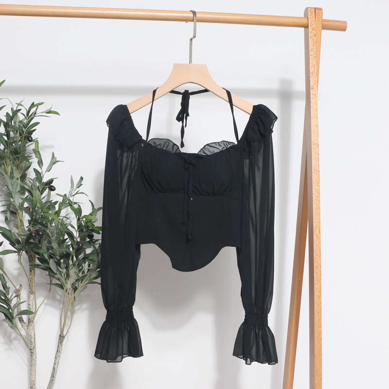 T Shirt Designer Men Blue Spicy Girl One Shoulder Neck Lacing Long Sleeve Hanging Chiffon Wooden Ear Edge Open Back Shirt Short Top with Chest Cushion