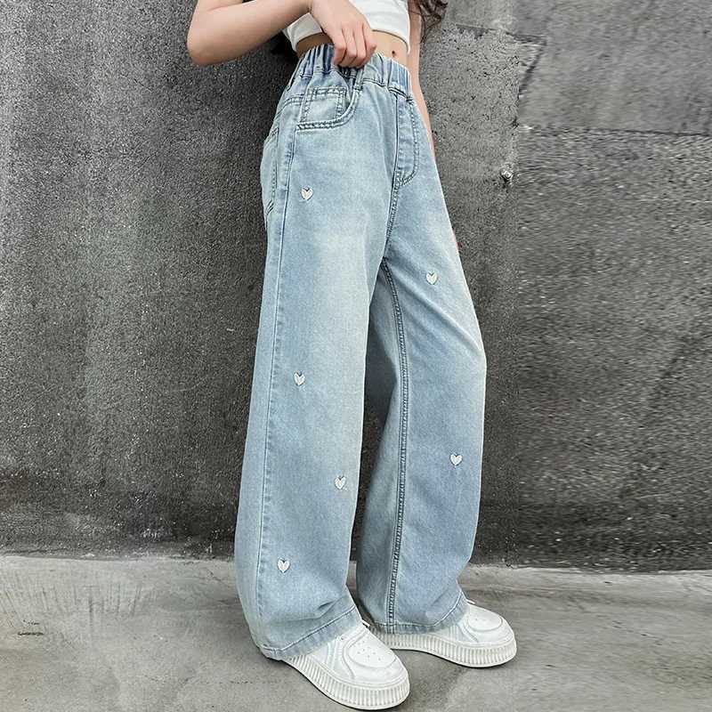 2024 Teen Girls Wide Leg Jeans Children Girls Heart Embroidered Denim Pants Childrens Jackets Pants Girls Clothing 4-12 YearsT250326