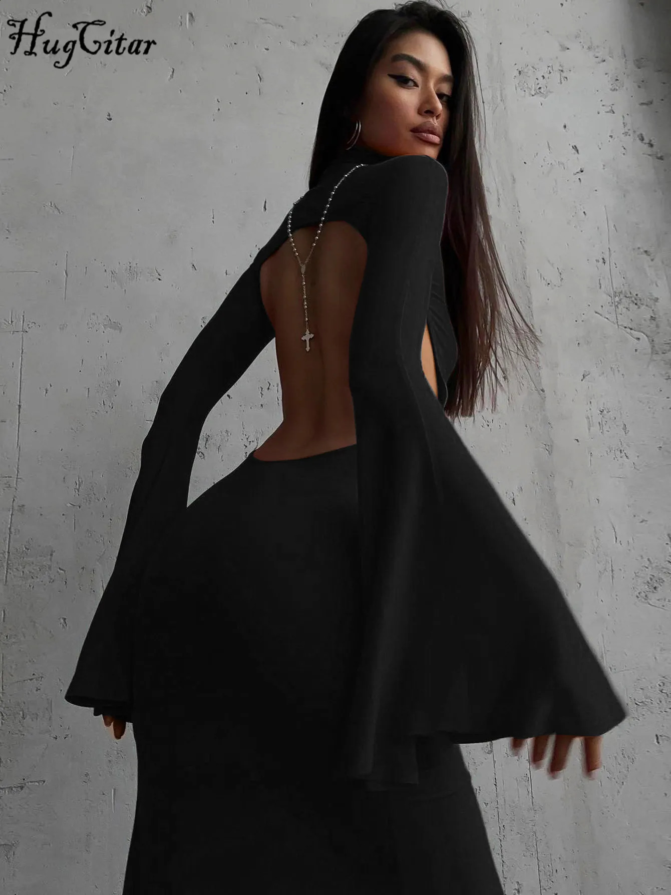 Hugcitar Turtleneck Solid Long Sleeve Backless Slit Sexy Slim Maxi Prom Dress Spring Women Clothes Birthday Party Y2K 250319