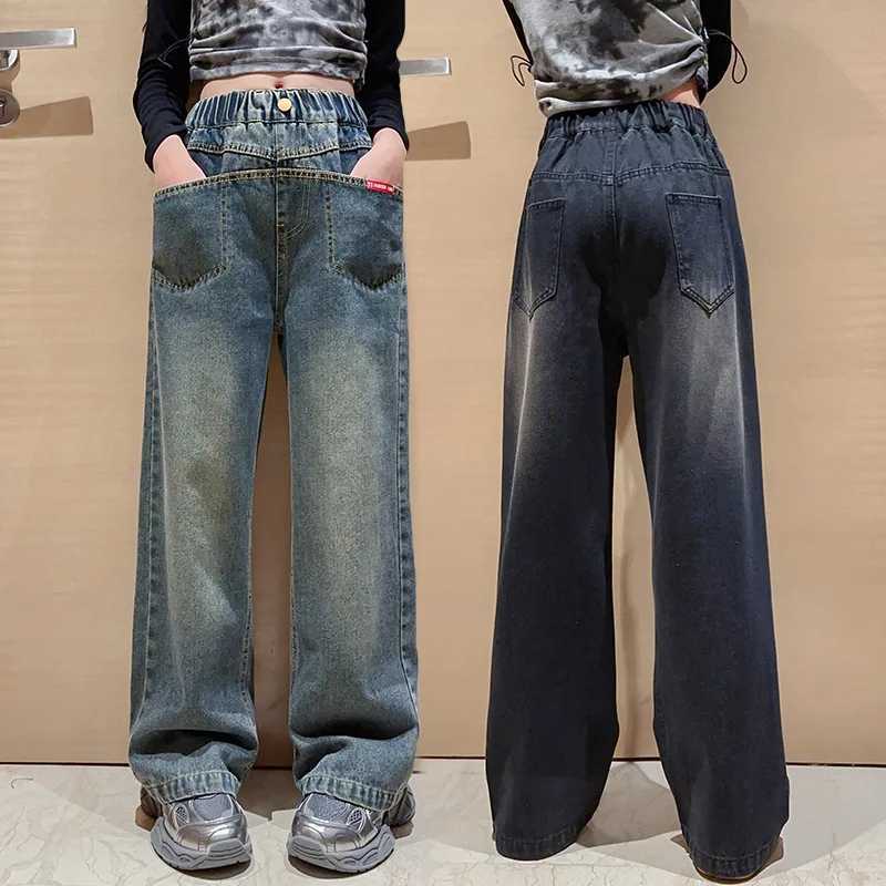 Girls wide leg jeans spring new childrens straight denim pants loose buttonsT250326