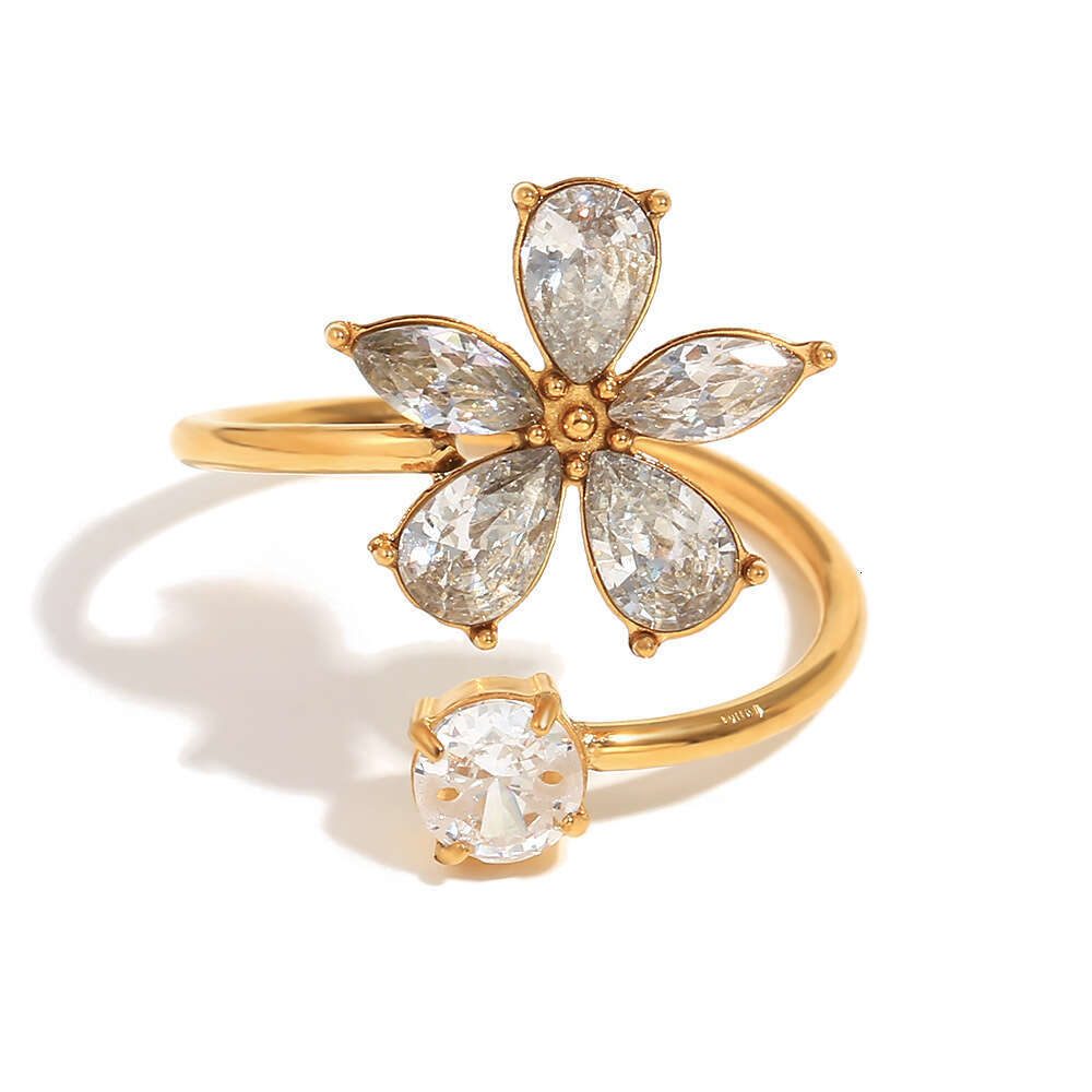 Fashion temperament, personality, creativity, niche jewelry, stainless steel gold-plated zircon flower opening ring for women