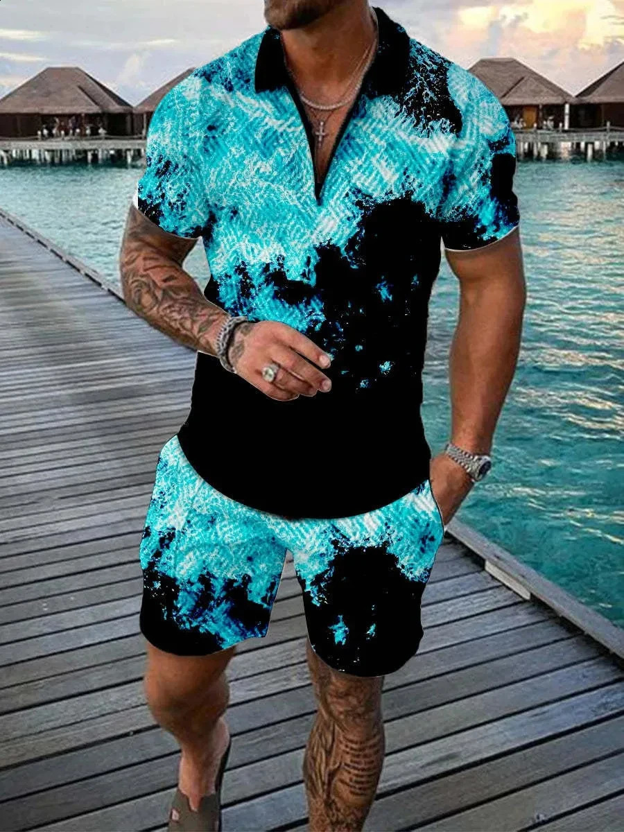 Abstract Pattern 3D Printed Polo Shirt 2-piece Zipper Collar Polo Set Zipper NecklaceShorts Hawaiian Holiday Style Mens Wear 250318