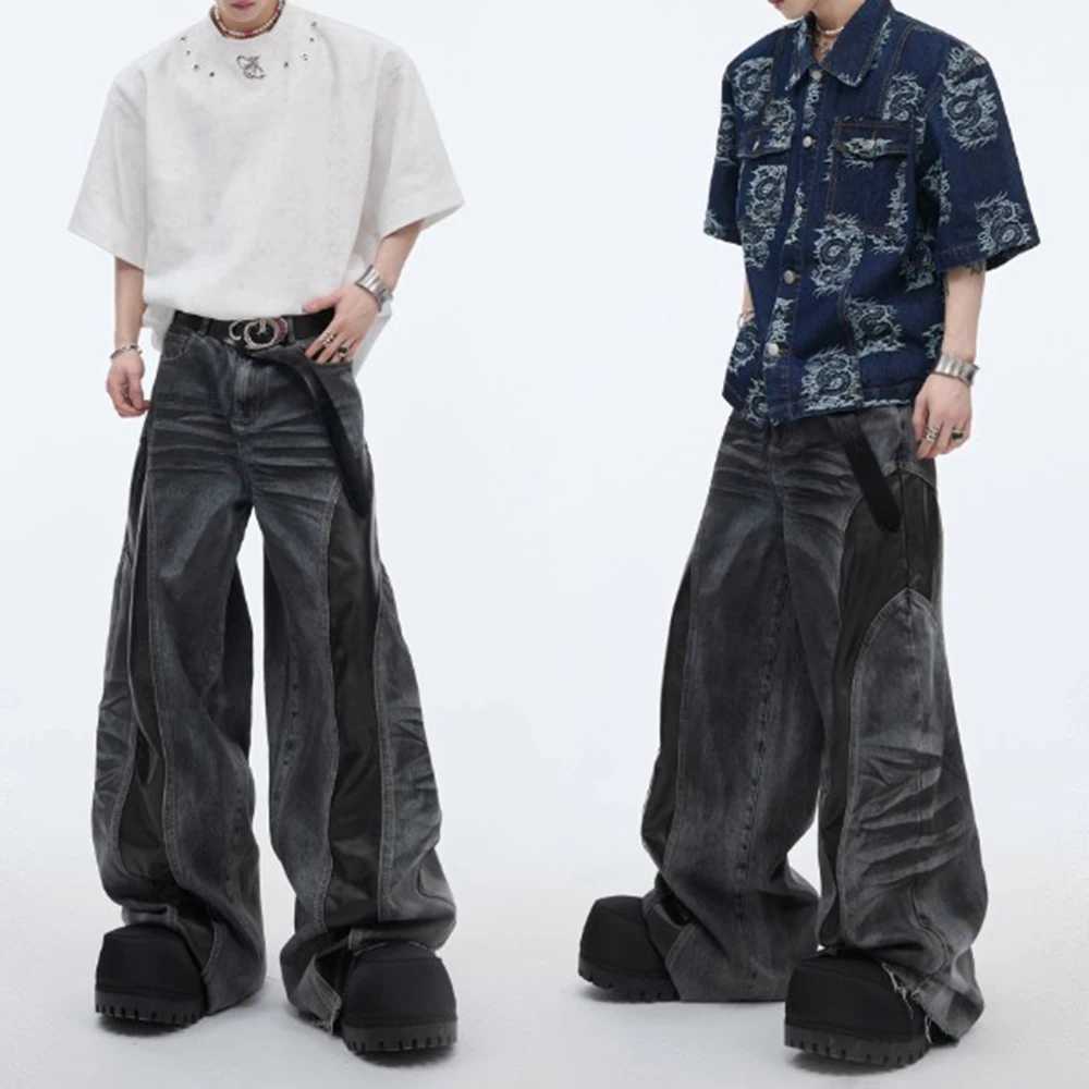 Mens jeans Pu leather splicing beard washing wilderness style casual pants streetwear fashion personality mens clothingT250319