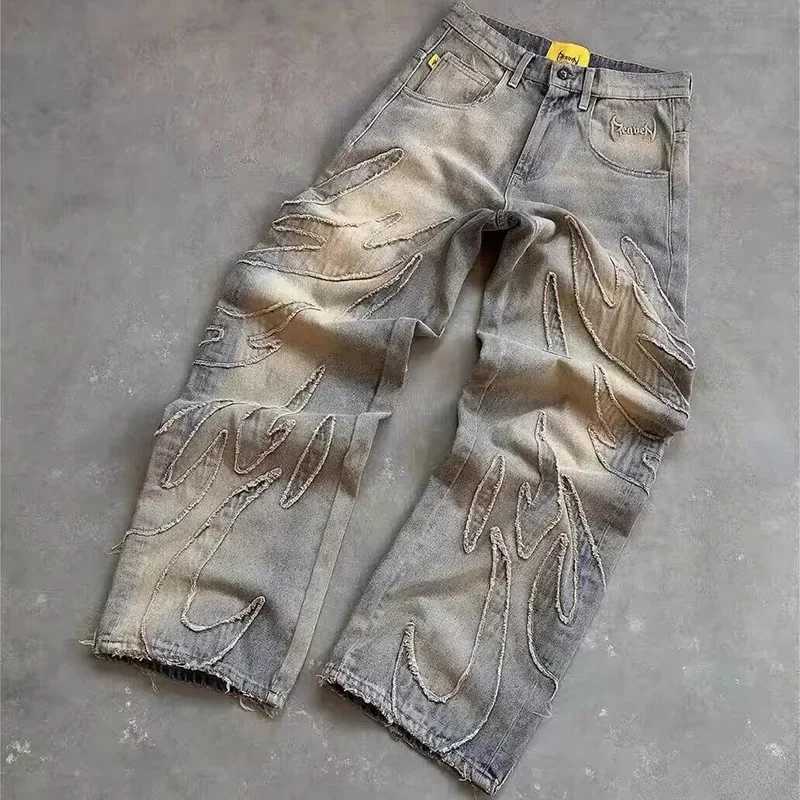 Street Gothic Retro High Waist Wide Leg Trousers 2025 Y2k Hip Hop Luggage Jeans Mens Street Fashion Primitive Edge Embroidered JeansT250319