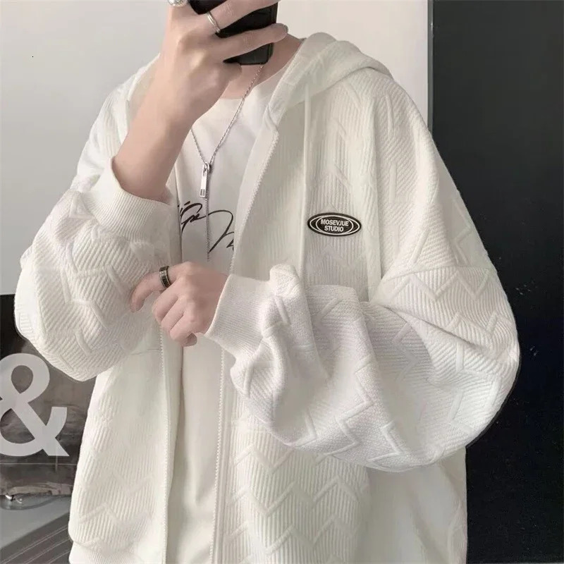 Mens autumn jacquard zipper hooded sweatshirt Korean fashion street cardigan casual oversized Y2K retro jacket 250320Z