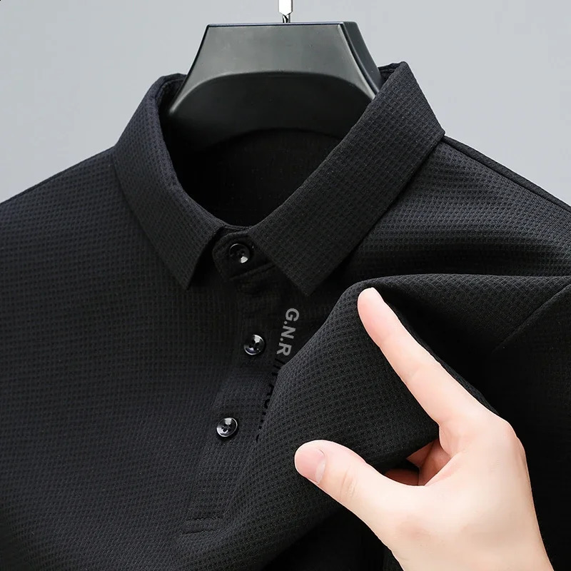 Mens Waffle Long Sleeved POLO Shirt with Letter Printed Lapel Casual Top 250319