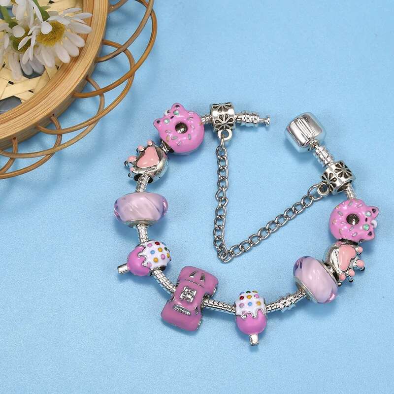 Car Ice Cream Beads Charm Bracelets With Silver Color Chain Bracelets For Women Men Fiancee Bijoux Pulseras Jewelry Gift
