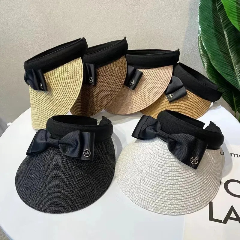 Summer Empty Top Raffia Straw Hat Women Outdoor Travel Beach Sunscreen Anti Uv Riding Sun Hat Girl Big Brim Bow Visor Cap 250320