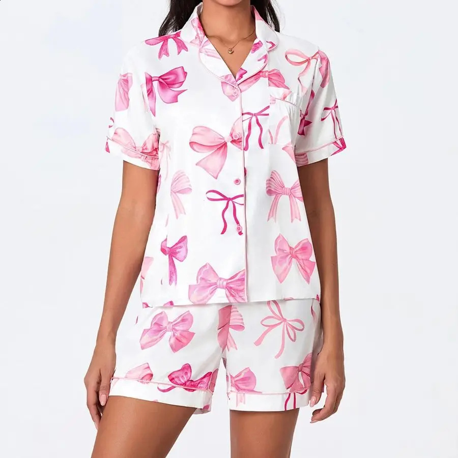 Y2k Pink Bow Silk Pajama Sets for Women 2 Piece Preppy Pjs Shorts Cute Short Sleeve Matching Pj Lounge Shirts Sets 250319