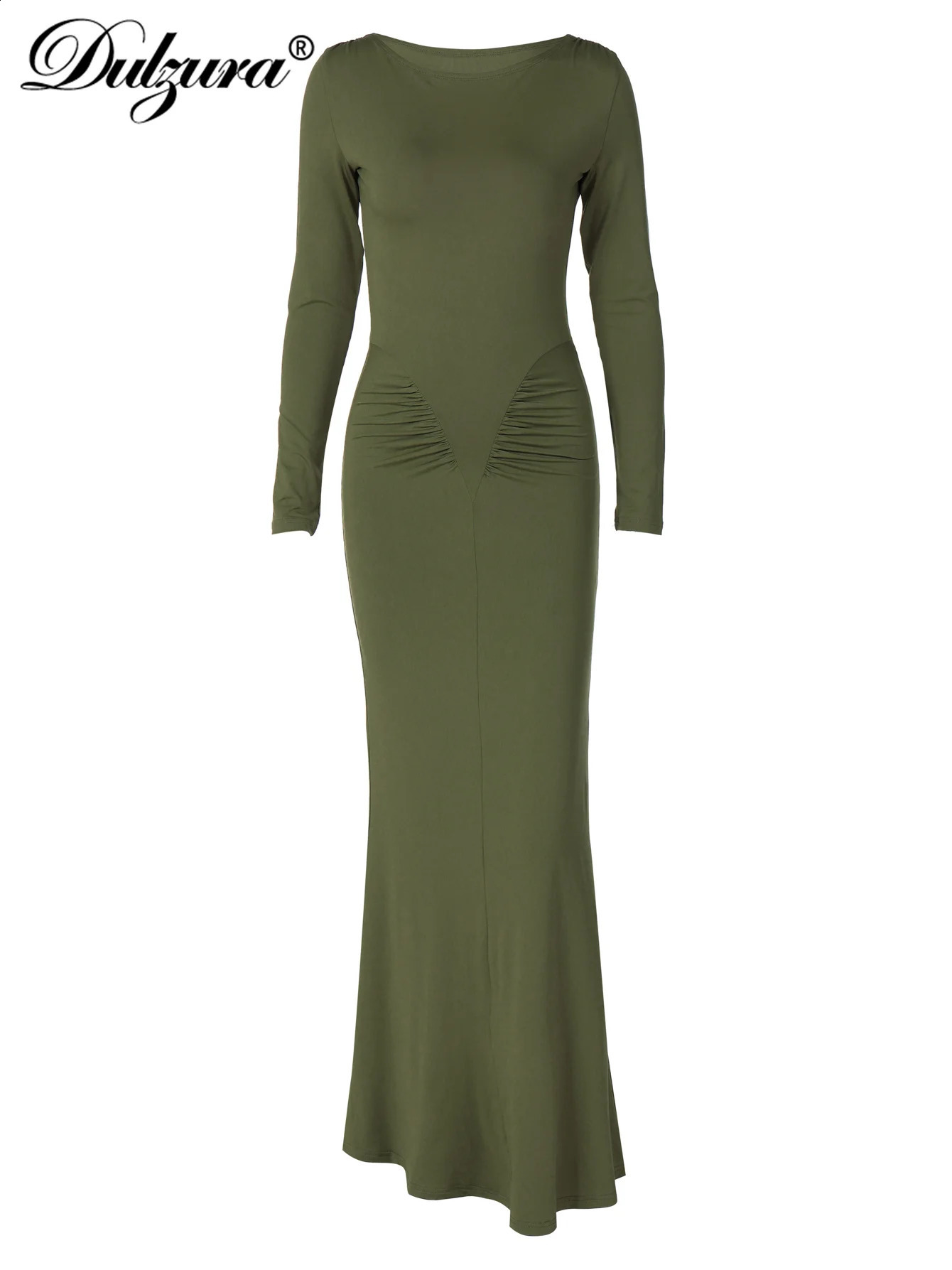Dulzura Elegant Solid Long Sleeve Maxi Dress Bodycon Ruched Simple Women Clothes Cocktail Evening Party Dresses Y2K Wholesale 250319