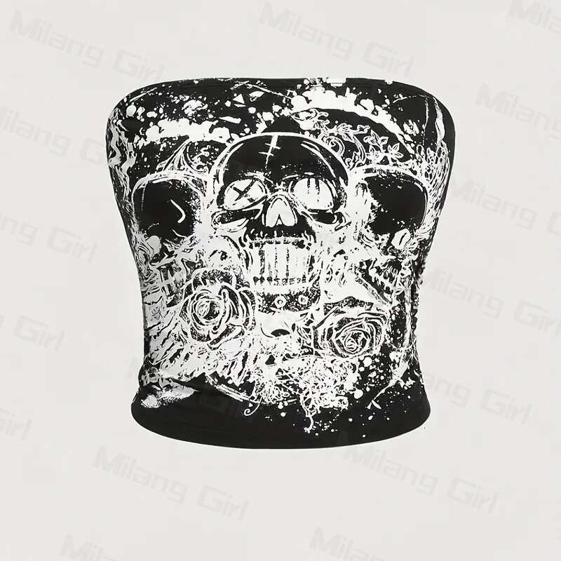 Clothes Shirt Designer Shirts Graphic Tee Summer and Autumn New Personalized Skull Dark Halloween Printed Open Navel Ultra Short Slimming Strapless Ta